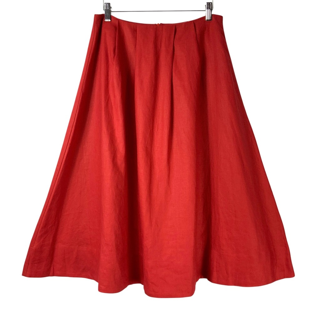 Reformation Red 100% Linen A-Line Midi Skirt 6 Zipper High Waist Pleated